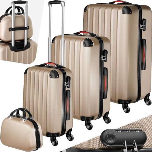 tectake® 4-TLG. Reisekoffer - Kofferset mit abnehmbaren Rollen 360°, Hartschalenkoffer mit TSA Zahlenschloss, Koffer groß, abteilbarer Innenraum, Trolley Handgepäck, Teleskopgriff - Champagner