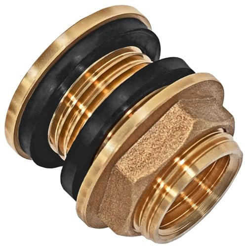 MegaHaustechnik Tank Durchführung mit Anschlag und 2 Dichtungen Loch Größe 34 mm 1 Rohr Zoll Aussen Gewinde AG x 3/4 Innengewinde IG Wandungsstärke max. 15 mm Regentonnen Verschraubung Messing