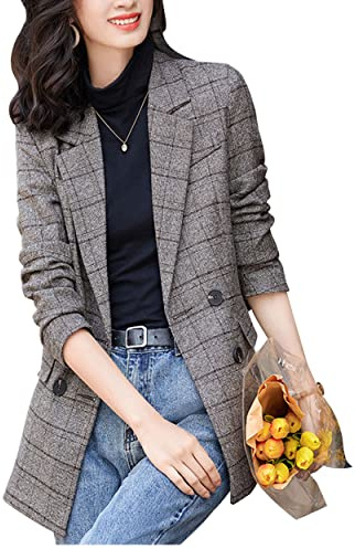 ebossy Women's Notch Lapel 2 Button Boyfriend Blazer Suit Houndstooth Plaid Jacket Coat (Medium, Y-Coffee)