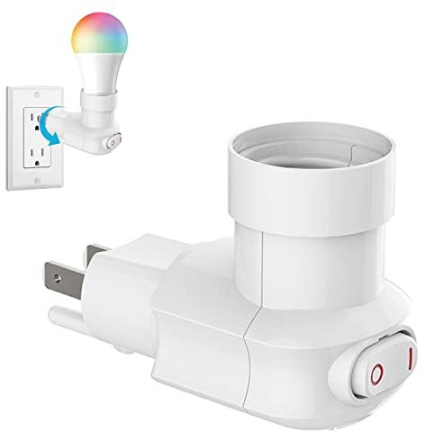 Plug in Light Socket, 3 Prong Light Bulb Socket Adapter, Outlet to Socket Adapter, 360° Rotatable Plug with On/Off Switch (ETL Listed, White)