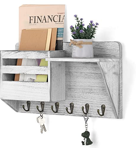 Key Holder for Wall with 6 Key Hooks, Wall Mounted Key Hangers Rustic Decorative Wood Key Rack, Wooden Mail Organizer with Shelf for Entryway Mudroom Hallway Bedroom Living Room, White Grey
