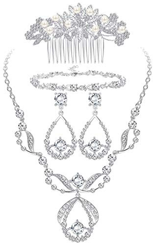 Kakonia Crystal Bridal Jewellery Set for Prom Wedding Bride Bridesmaids Vintage Rhinestone Necklace Earrings Bracelet Comb for Women Silver