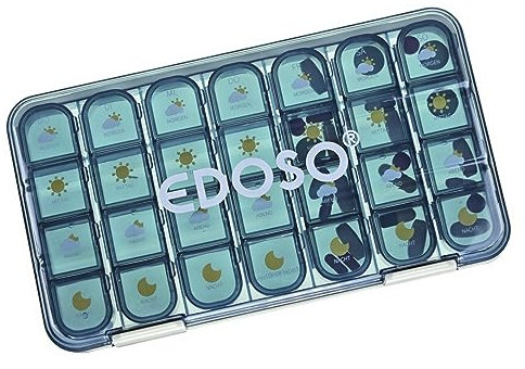 EDOSO Tablettenbox für 7 Tage | Pillendose mit 4 Fächern Morgen Mittag Abends Nacht | Feuchtigkeitssicher | Medikamentenbox BPA-Frei | Tablet-Design | Große Fächer | Tragbar und kompakt