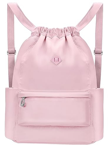 BAVELOE Drawstring Backpack with Wet Pocket Gym Backpack Water-Resistant Cinch String Bag Beach Swim for Women Men（Pink）