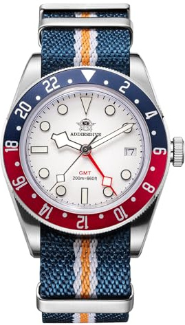 ADDIESDIVE GMT 24H Montre analogique à Quartz pour Homme en Acier Inoxydable 200 m, Sh-ad2044white, Rétro