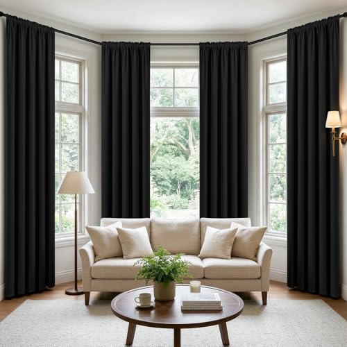 CUCRAF Black Blackout Curtains 84 inch Length 2 Panels Set, Rod Pocket Room Darkening Drapes for Bedroom Living Room, Insulated Thermal Light Blocking Window Curtain (W52 x L84 Inch)