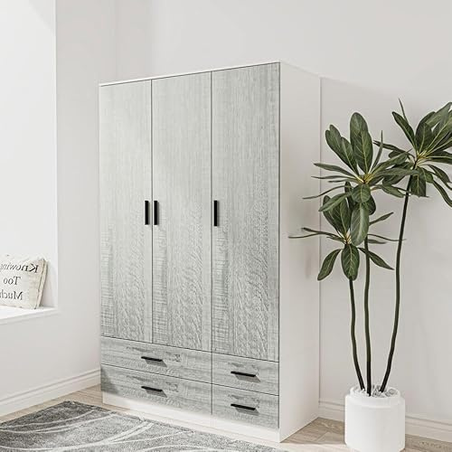 URBNLIVING Modern 3 Door 4 Drawer Wardrobe with Hanging Rail, Bedroom Furniture, Storage Shelf Clothes Organiser Stylish Design, Ample Storage Solution