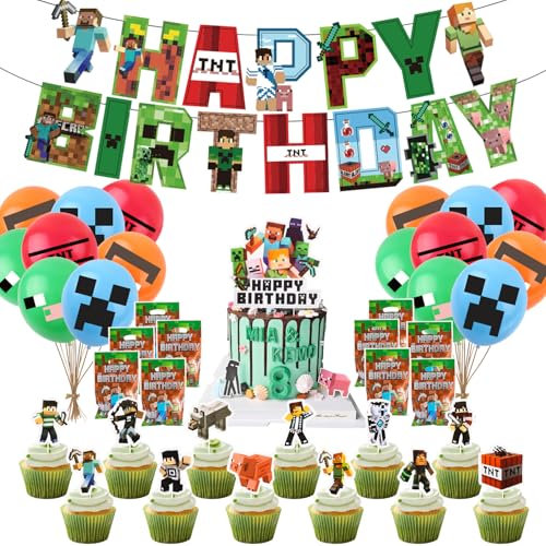 Fizdoqg Geburtstagsdeko Kinder Set Gaming Kindergeburtstag Deko Geburtstag Deko Junge Enthält Happy Birthday Banner Luftballons Tortenaufleger Geschenktüten für 3 4 5 6 7 8 9 10 Jahre