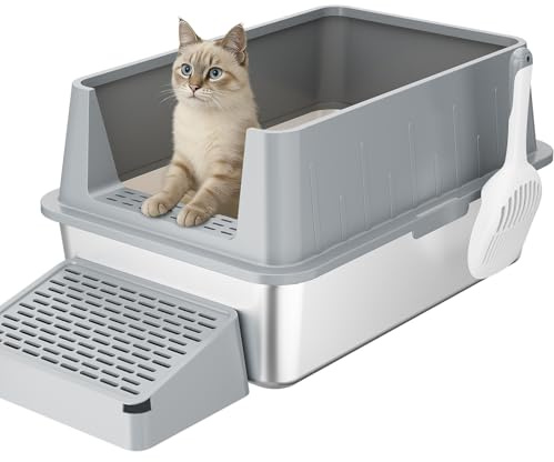 Lifewit Arenero Gato Acero Inoxidable con Pala y Pedal, Caja de Arena para Gatos Grande, Arenero Gatos para Salón, Dormitorio, 60 x 40 x 30 cm, Gris