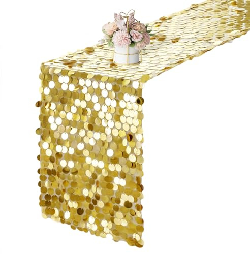 Yblut 12 x 108 Inch Gold Sequin Table Runner Glitter Rectangle Big Sequin Table Runner for Wedding Party Birthday Christmas Halloween Decoration (1 Pack)