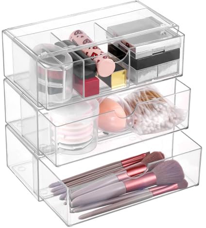 Hejo 3 Stück Acryl Kosmetik Organizer, Make up Organizer, Schminktisch Organizer, Schubladen Organizer Bad, Stapelbarer Schmink Organizer, Wattestäbchen Behälter für Badezimmer ＆ Kommode (Klar)