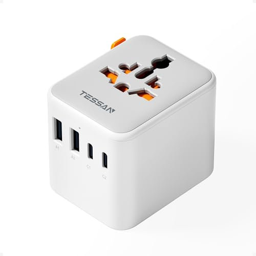 TESSAN Adaptateur Prise Universelle, Chargeur Universel avec 2 USB C et 2 USB A, Adaptateur Voyage Universel pour USA Thaïlande Japon UK Brésil Australie Espagne Dominique Inde