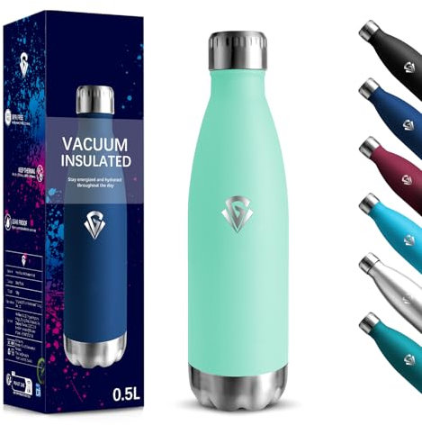 Gourde, 500 ml Sans BPA, Gourde Isotherme, 18/8 Acier Inoxydable, Bouteille Metal, Isolation Sous Vide à Double Paroi, Bouteille Acier Inoxydable pour École, Voyage, Randonnée bouteille - Bleu-vert