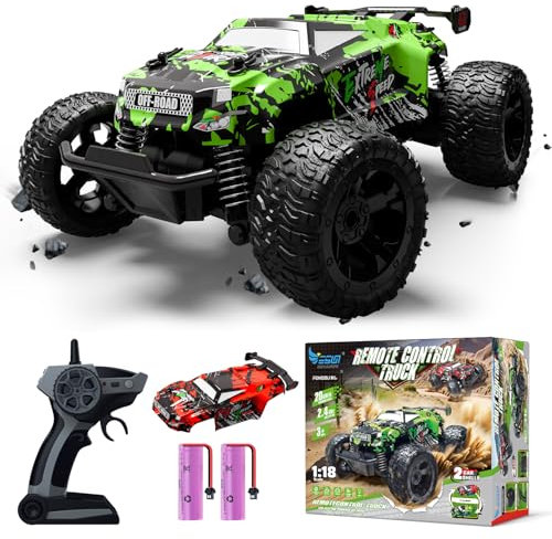 Ferngesteuertes Auto, Monstertruck Ferngesteuert ab 3 4 6 8 Jahre, 1:18 2.4Ghz RC Auto mit Doppelschale, Licht und 2 Akku, Ferngesteuerter Monstertruck Spielzeug Auto für Kinder Jungen Mädchen