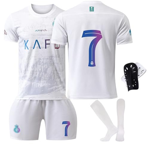 Awonlate Ensemble de Maillot de Football pour Enfant, Maillot de Football en Jersey, T-Shirt de Football et Protège -Tibias, Short de Football pour la Enfant L Blanc,Taille:26 (Hauteur: 140-150CM)