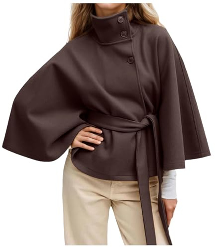 Générique Ponchos à Manches Chauve Souris Pour Femmes Manteau En Laine Col Montant Ceinture Cape Veste D'hiver Courte Long Chic Blouson Printemps éTé Et Elegant Mi Saison Brune Blazer