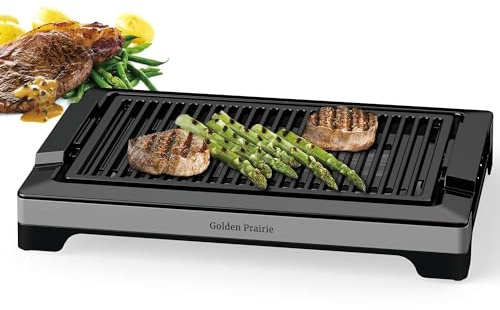 Golden Prairie Electric Indoor Grill, 1600W Smokeless Style BBQ Grill with Water-Filled Drip Tray, 15-Inch Nonstick Grate for Steaks & Korean BBQ, Rapid Heating for Searing