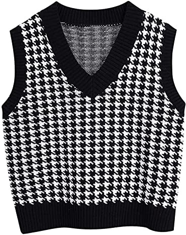 Générique Pull sans Manche Femme Col V Gilet sans Manche Femme en Tricot Chic et Élégant Crop Débardeur Chaud Décontracté Style Preppy Sweater À Motif À Carreaux Rétro Classique Automne Hiver Noir,M