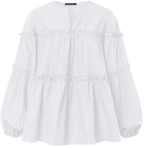 UJEDFHV Volangblus för kvinnor, elegant koreansk blus, långärmad, volangskjorta, enfärgad, för arbete och fest, vår för fest, Vitt och blått, XXL