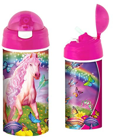3D LiveLife Drinking Bottle - Pink Pony Dazzle from Deluxebase. 3D Lenticular Horse Water Bottle with Straw. 600ml kids drinks bottle with original artwork from renowned artist, Michael Searle