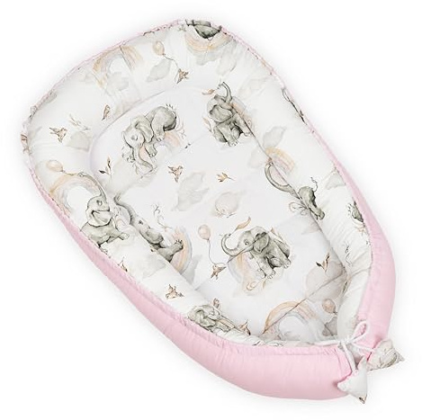 PIMKO Rosa babybo för spädbarn, gosigt bo på 2-sidig babykokong för spädbarn och nyfödda, babybo, 100 % bomull, babykudde 55 x 90 cm, rosa/elefant