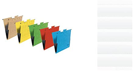 Original Falken 5er Pack Hängetasche UniReg. Aus Recycling-Karton für DIN A4 & Original 100er Pack Beschriftungsschildchen. Für Voll-Sichtreiter für alle Original Falken Hängemappe, weiß