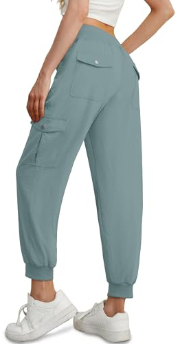 GRECERELLE Casual Walking Cargo Trousers Women Summer Hiking Pants for Ladies UK with Elastic Waist Cuffed Ankles and 6 Pockets Ideal for Outdoor Streetwear