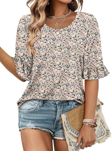 Magritta Crew Neck T Shirts for Women UK Elegant Puff Short Sleeve Comfy Summer Beach Blouses Ladies Tops Floral Yellow Medium