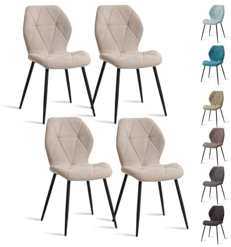JZGORC Lot de 4 Chaise de Salle à Manger, Chaise de Cuisine en Tissu Treillis en Lin, Chaise Rembourrée Remplie D'éponge à Rebond Haute Densité, Adaptée à La Salle à Manger, à La Cuisine - Beige