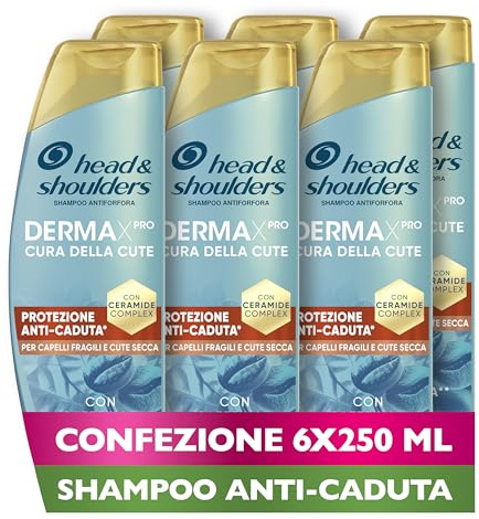Head & Shoulders DermaXPro Shampoo Antiforfora Protezione Anti-Caduta 6x250ml con Caffeina e Complesso di Ceramidi Idrata Cute Secca e Capelli Fragili e Aiuta a Rinforzare la Barriera Cutanea