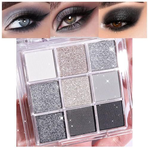 OCHILIMA Palette d'ombres à paupières à paillettes 9 couleurs gris argenté, gris fumé noir et argent blanc brillant pour femmes plus âgées, hautement pigmentée et imperméable