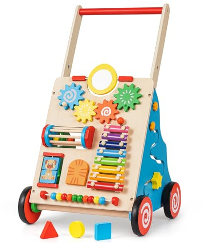 HUZU Wooden Baby Walker with Wheels, Montessori Push and Pull Activity Center for Toddlers, Adjustable Height & Speed, Learning Toy for 6-12 Months 1-3 Years Old Boys and Girls (Rainbow)