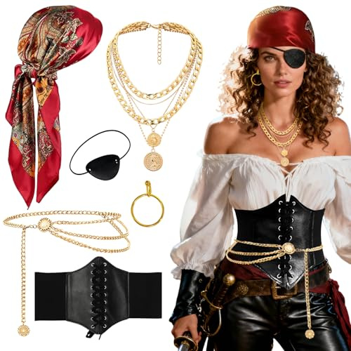 GYIOFAI 6 Pcs Pirate Costume Accessories for Women, Pirates Bandana Neckalce Earrings Corset Waist Chain Eye Patch for Carnival Halloween Cosplay Party (Red)