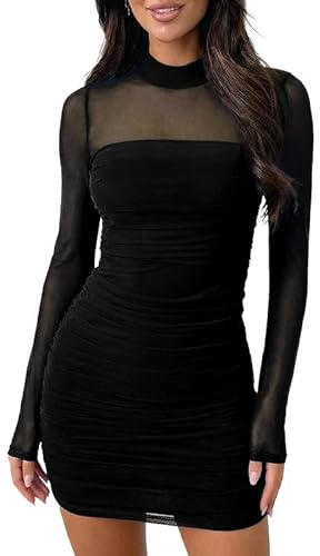 Sukiglam Vestido Mujer Elegante Manga Larga Vestidos Corto Ajustado con Cuello Alto Sexy Vestido de Malla Transparente Bodycon Dress Fruncido Tubo Otoño Invierno Mini Vestidos de Fiesta Cóctel Club