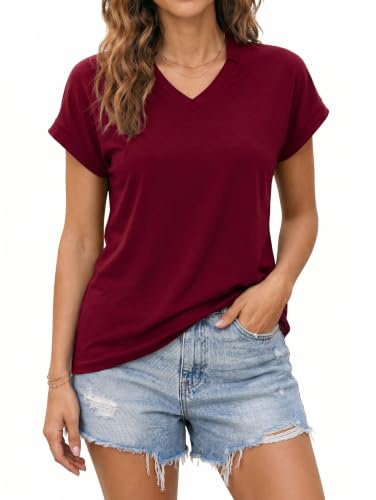 Enmain Womens Top Short Sleeve V Neck T-Shirt Summer Blouses | with Neck Scarf, Work, Casual, Business, Social for Day-to-Night, Breathable, Soft, Wrinkle Resistance, Stretchy