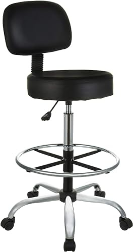 Amazon Basics Multi-Purpose Adjustable Drafting Spa Bar Stool with Sturdy Foot Rest, Back Support Cushion, 360° Swivel and Wheels, Black