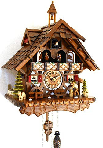 CLOCKVILLA HETTICH UHREN Schwarzwälder Kuckucksuhr Fachwerkhaus Quarz beweglicher Holzhacker Musik