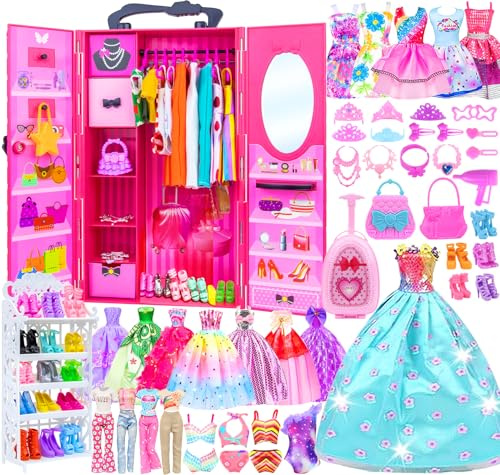 Ecore Fun Fashion 11.5 Doll Closet Wardrobe with 102-Piece Outfit Set, Includes Dresses, Shoes, Bags and Hangers, Storage Organizer for 11.5 Inch Girl Doll Clothes and Accessories