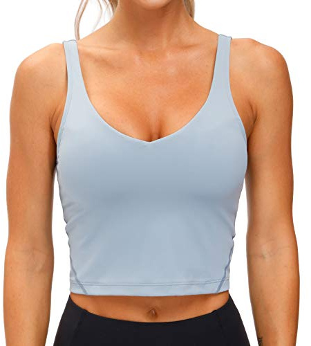Women’s Longline Sports Bra Wirefree Padded Medium Support Yoga Bras Gym Running Workout Tank Tops (Denim Blue, Medium)
