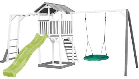 AXI Beach Tower parco giochi in legno in grigio e bianco | Torre di gioco con sabbiera, struttura per arrampicarsi, altalena a nido e scivolo verde lime | Casa per bambini su palafitte per giardino