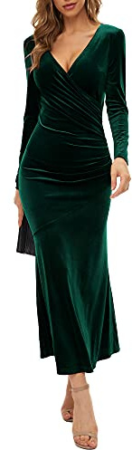 Zaberry - Robe de cocktail élégante à manches longues avec col en V et design sirène en velours pour femme - Robe de soirée longue pour femme, Vert, XL