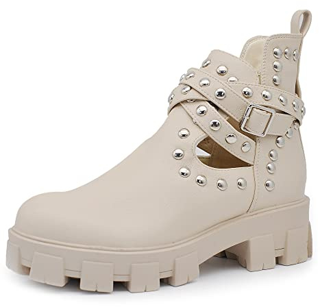 IF Fashion Scarpe da Donna Stivali Stivaletti Biker Fibbie Borchie Primaverili Traforati GR-6608 beige N.38