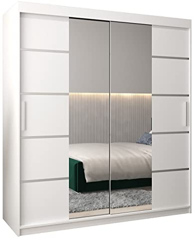 ABIKSMEBLE Verona 4 180 Armario de Dormitorios con Tres Puertas Correderas - Armario de Almacenamiento Moderno con Espejo, Perchero y Estantes - 180x200x62 cm - Blanco Mate