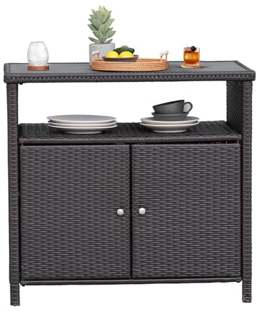 Grand patio Wicker Storage Cabinet Outdoor Waterproof Buffet Cabinet Patio Bar Table with Two Doors and Shelves Wicker Sideboard for Garden Kitchen Pool Dark Brown