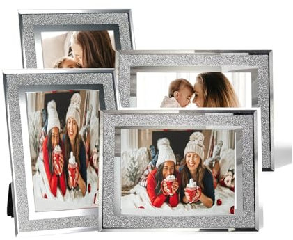 MIVIDE 4PCS 6x4 Photo Frames, Silver Crystal Picture Frames, Glass Picture Frames, Sparkly Photo Frame for Wedding Vertically or Horizontally Display