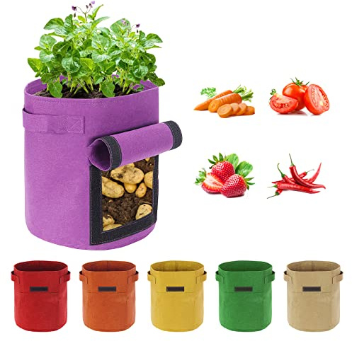 Ohiyoo Potato Grow Bags 5 Gallon, 6 Pack Vegetable Growing Bags with Handles and Window Flap, Garden Multicolor Breathable Felt Fabric Plant for Potatoes Vegetables Tomato Carrot Onion