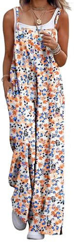 YESNO Women's Summer Boho Cotton Casual Jumpsuits Wide Leg Overalls Floral Print Baggy Rompers with Pockets 2XL PZZCR 377