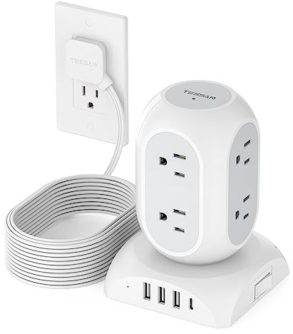 TESSAN Surge Protector Power Strip Tower, Flat Plug Extension Cord 10 Ft with 8 AC Multiple Outlets 4 USB Ports (1 USB C), 1050J Protection Desk Charging Station for Home, Office, Dorm Room, Gray