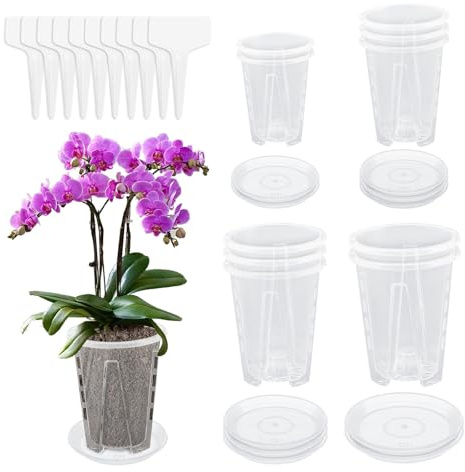 10 Pcs Clear Orchid Pots, Plastic Plant Pot with Holes and Saucers, Breathable Visual Seed Pot for Orchid Repotting Kit, Nursery Flower Pots for Garden Balcony Indoor Outdoor(4 Size)