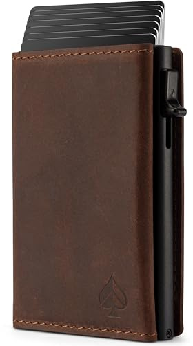 CARD Nine! Magnet Kartenetui - Premium Slim Wallet - Geldbörse mit RFID-Schutz - Portemonnaie für Damen & Herren - Geldbeutel mit Magnetverschluss (Crazy-Horse-Leder Braun, Mit Münzfach)